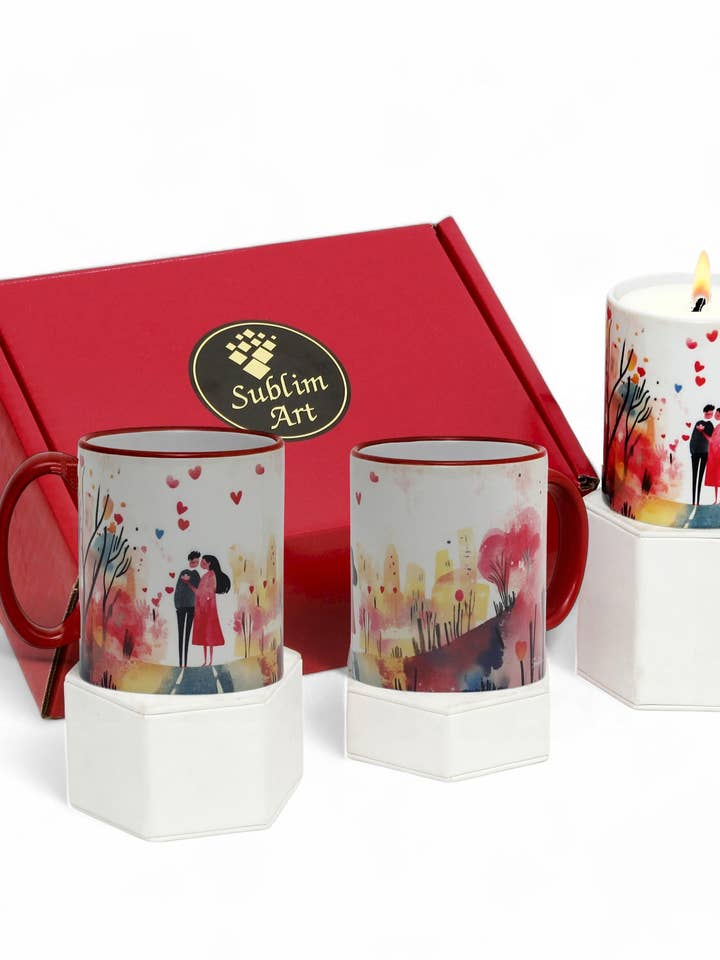 SUBLIMART: Paquete LOVE.ly "Amor Siempre Fresco" (Set de 1 Vela + 2 Tazas) para venta al por mayor de SublimArt