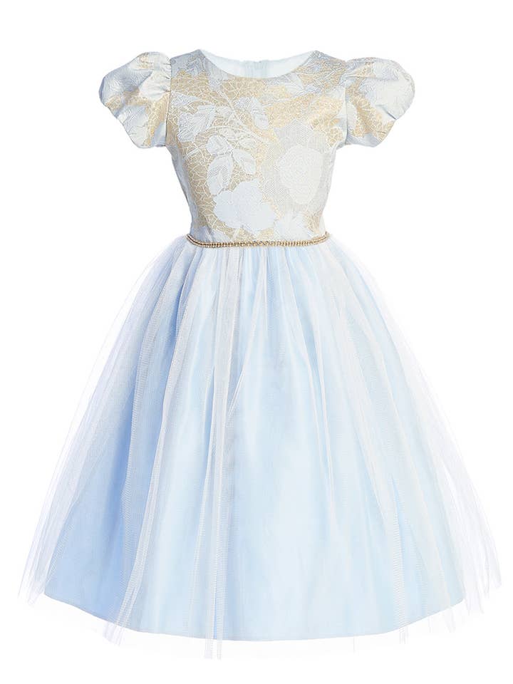 SK1005 - Jacquard puffärm topp med satin- och tyllklänning för wholesale av Sweet Kids, Inc.