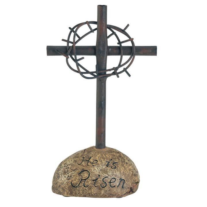 He Is Risen Tabletop Cross in Resin and Metal for wholesale by Dicksons