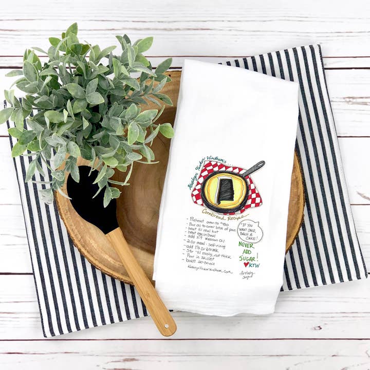 Cornbread Recipe (KTW Alabama) Tea Towel - Art by Artlady Sonya for wholesale by Studio 29 Eleven