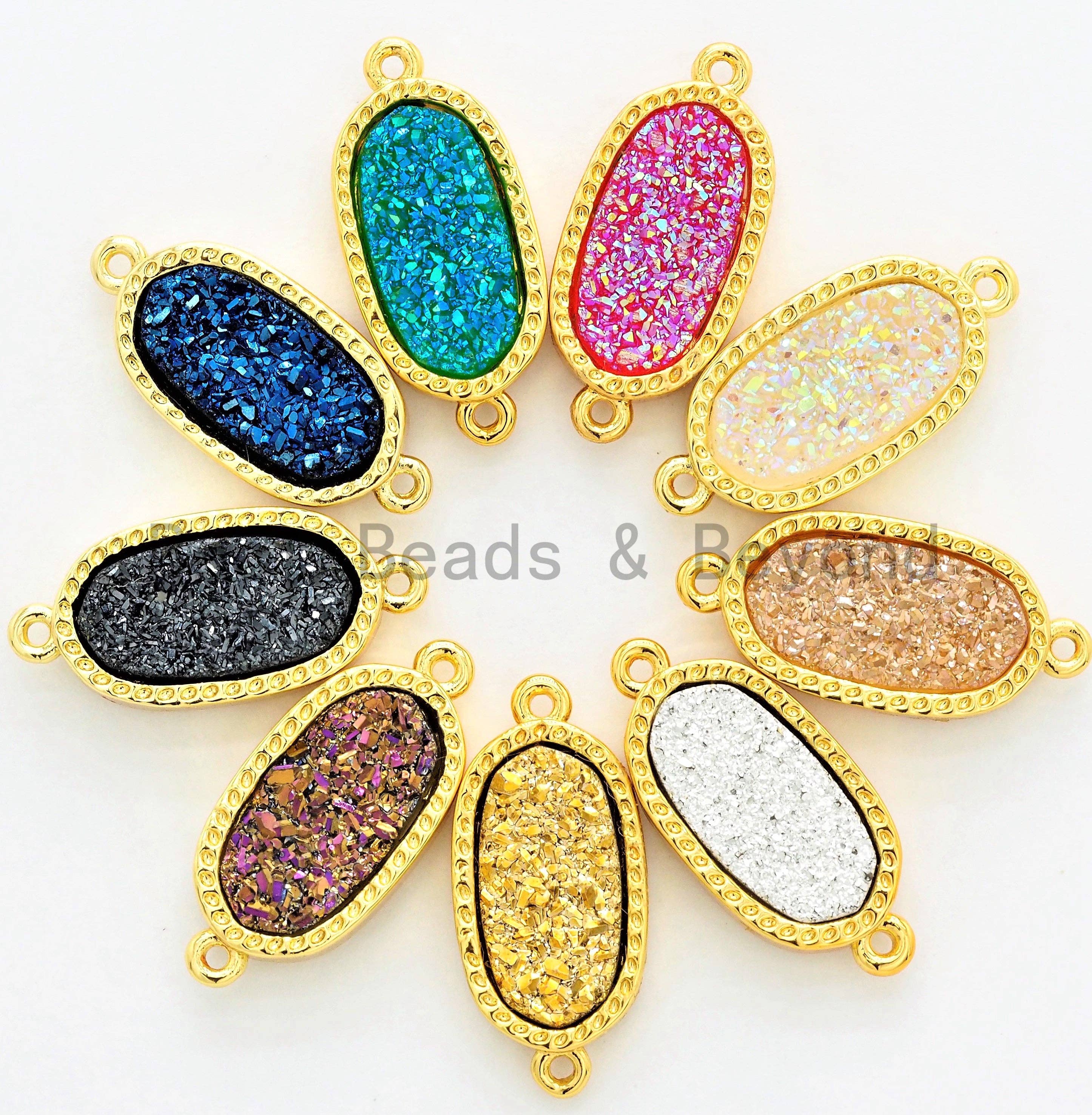 BestBeads&Beyond – wholesale Individual charm/pendant – Mystic Druzy Drusy Oval Connector Beads, Bezel Druzy Charm, Gold/Silver finish,Gold/Black/White Opal/ Cobalt Blue,9x20mm,SKU#V266