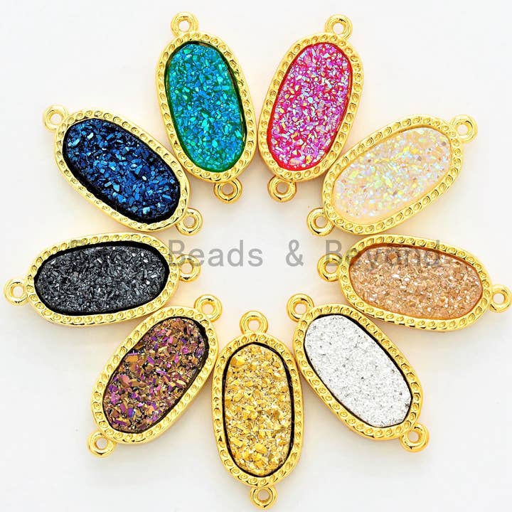 BestBeads&Beyond – wholesale Individual charm/pendant – Mystic Druzy Drusy Oval Connector Beads, Bezel Druzy Charm, Gold/Silver finish,Gold/Black/White Opal/ Cobalt Blue,9x20mm,SKU#V266