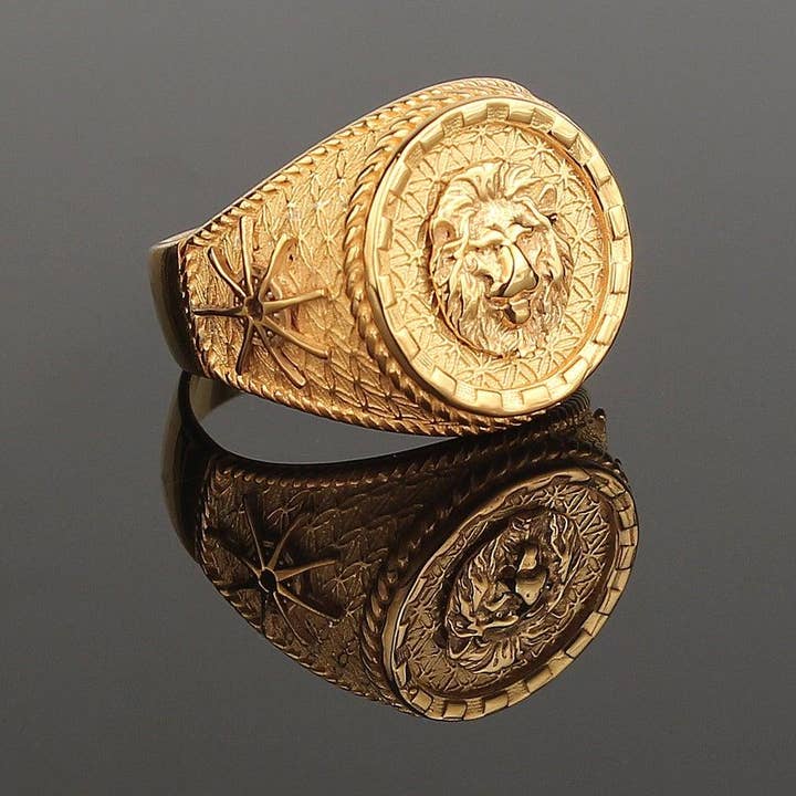 Ephesus Jewelry - Vente Chevalières - Bague Lion pour homme en argent sterling plaqué or0