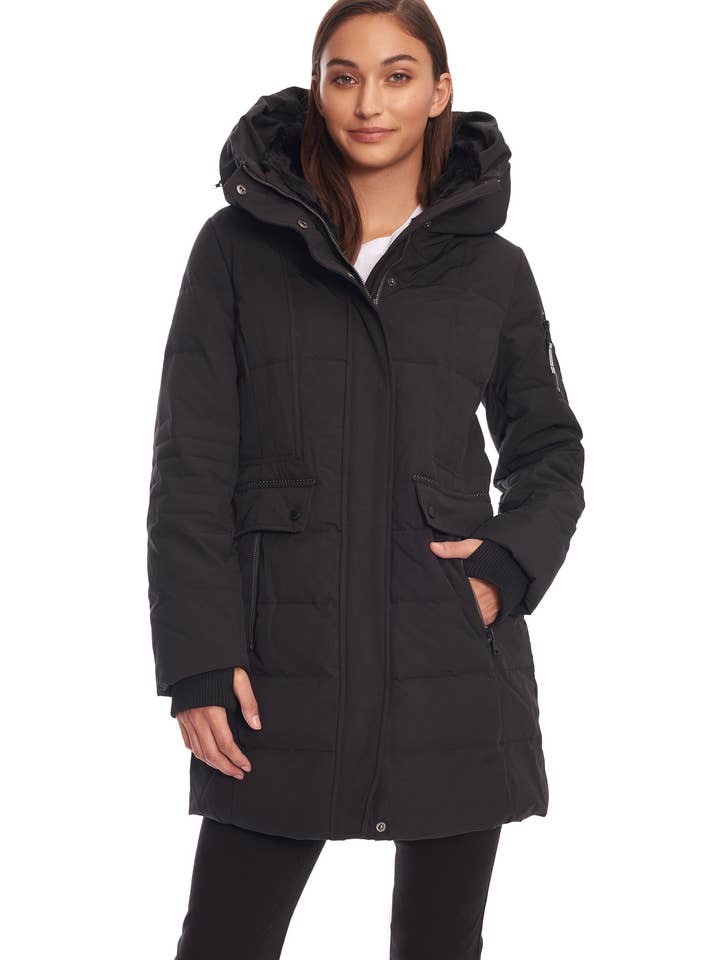 KOOTNEY | WOMEN'S VEGAN DOWN (RECYCLED) MID-LENGTH PARKA, BLACK for wholesale by Alpine North US