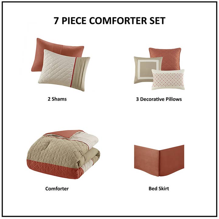 Olliix - Wholesale Bedding Set - 7 Piece Color Block Stripe Microfiber Comforter Set, Spice10