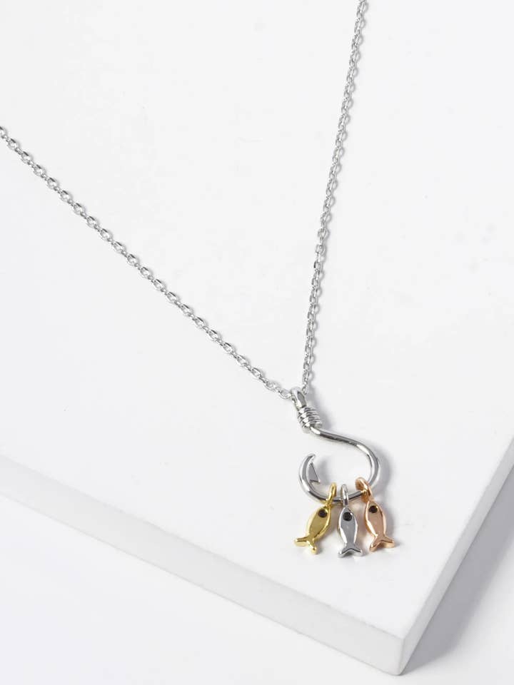 White Gold Dipped Three Fish With A Hook Pendant Necklace for wholesale by Wild Honey
