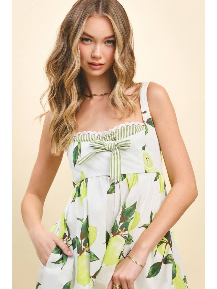 White CP10116-Lemon Tree Print Back Smocked Detail Casual Romper for wholesale on Faire1