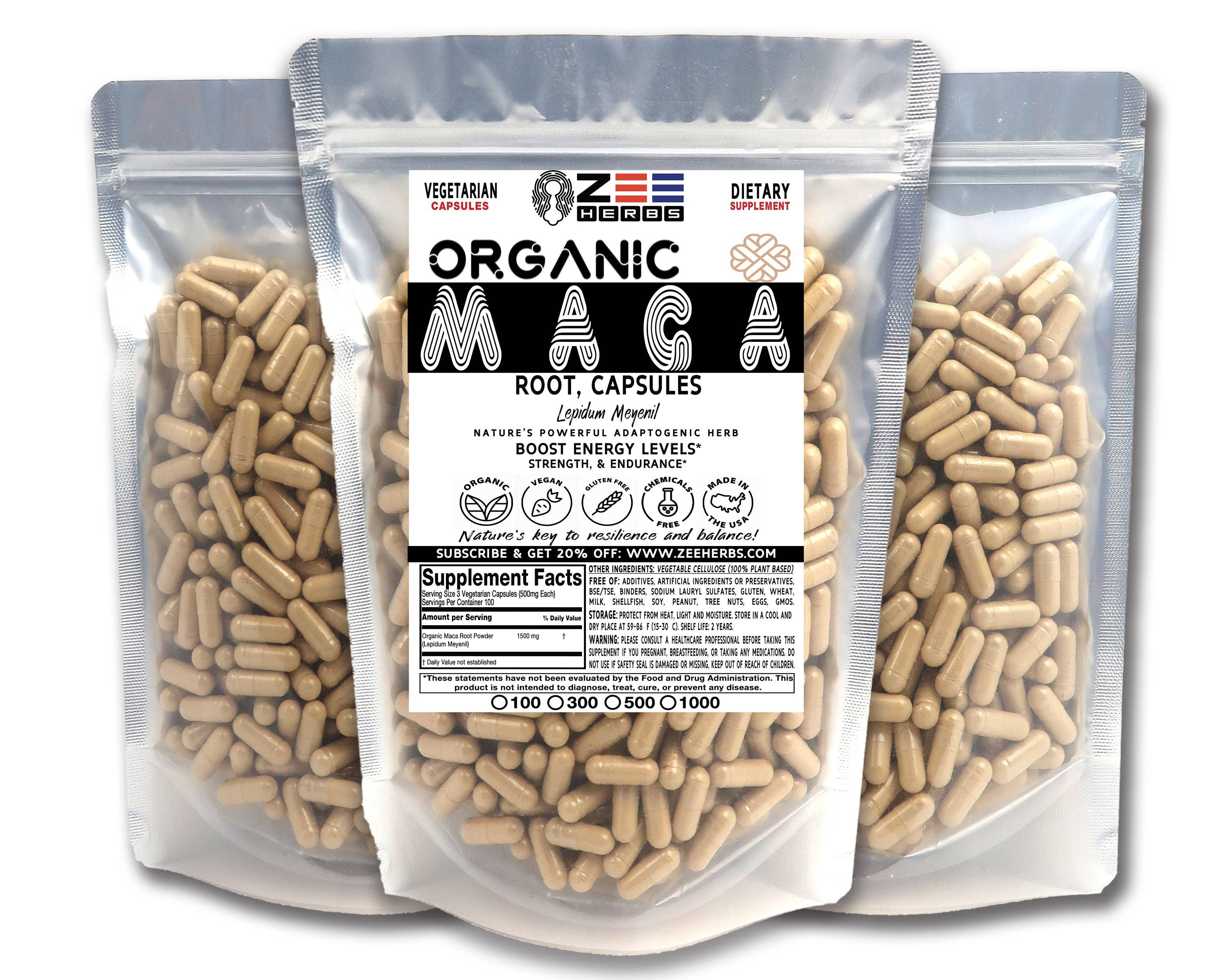 ZeeHERBS - Wholesale Oral Supplement/Vitamin - Maca Root Capsules - 1500mg Per Serving of Natural Pure Organic Maca Root Powder