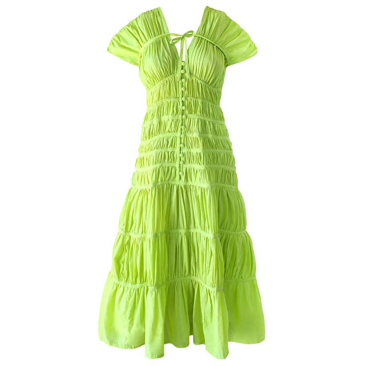 Brunna Co - Vente Robe – femme - Robe maxi SRIKANDI à volants vert lime1