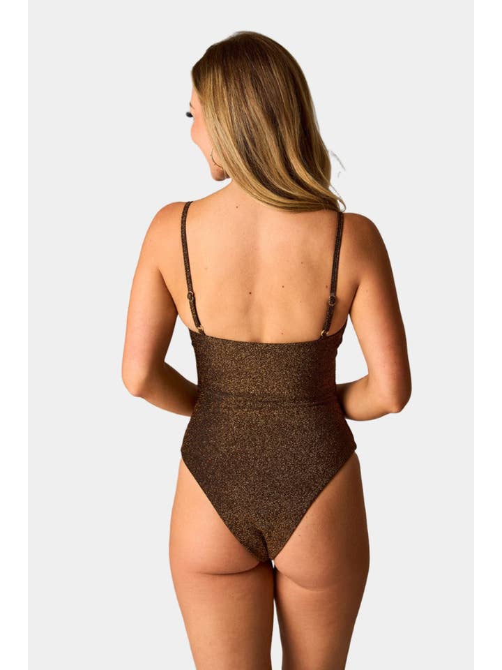Brown Tilly Deep V One-Piece Swimsuit - Copper for wholesale on Faire2