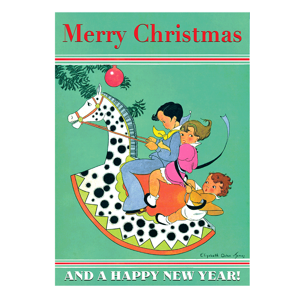 Laughing Elephant – postal de Natal por atacado – Crianças no Rockinghorse - Cartão de Natal1