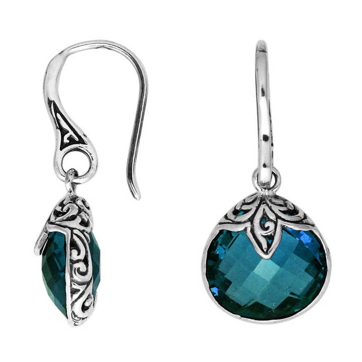 AE-6180-LBT Sterling Silver London Blue Topaz Quartz Round Drop Earrings With Earwire Lock for wholesale by Bali Designs