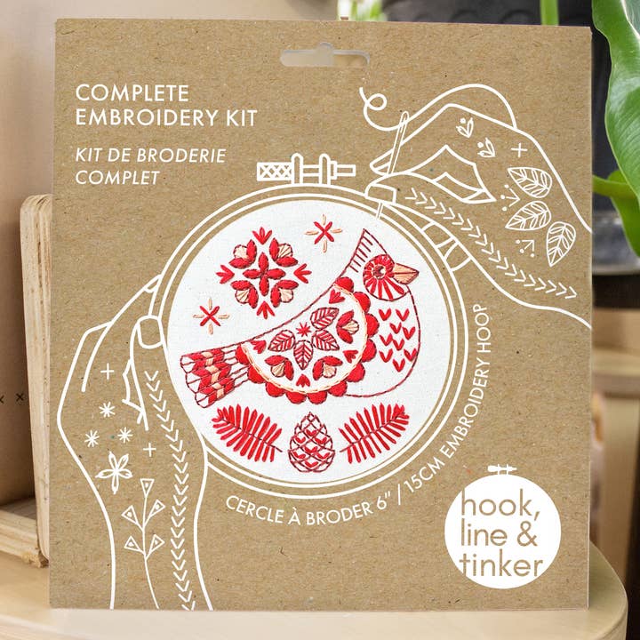 Hook, Line & Tinker Embroidery Kits - Wholesale Embroidery/Cross Stitch Supplies - Folk Cardinal Complete Embroidery Kit