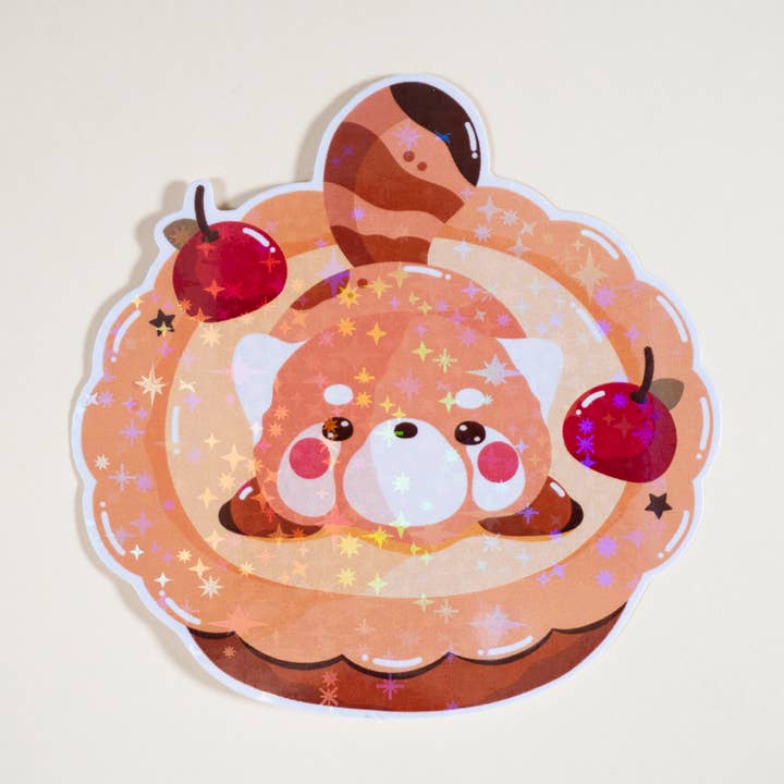 Notmehmehstudio - Venta al por mayor Pegatina - Adhesivo de vinilo holográfico con forma de tarta de huevo de panda rojo0