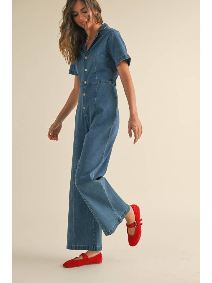 JU3631 STRETCH DENIM BUTTONDOWN JUMPSUIT for wholesale on Faire