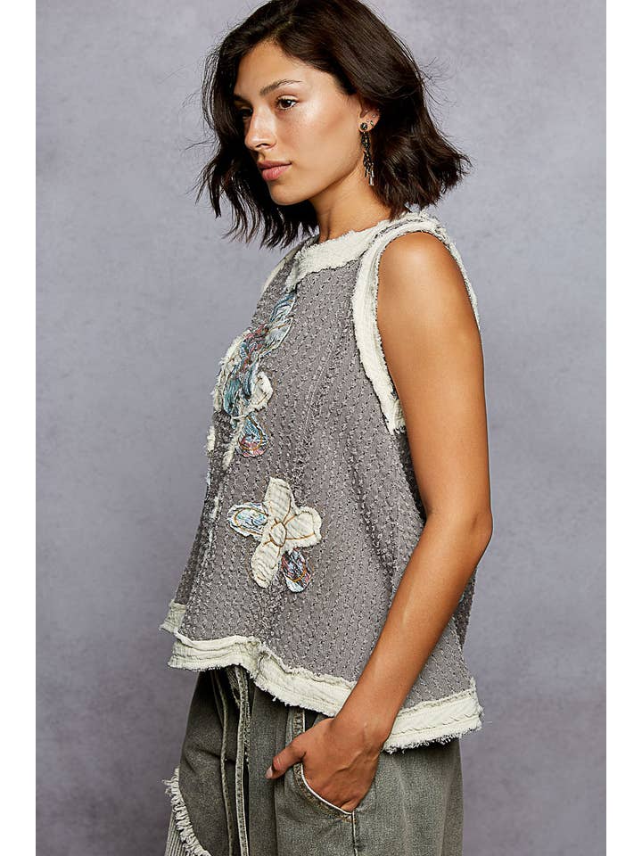 Pol Clothing - Wholesale Blouse - Women's - Round Neck Sleeveless Denim Flower Patch Top2