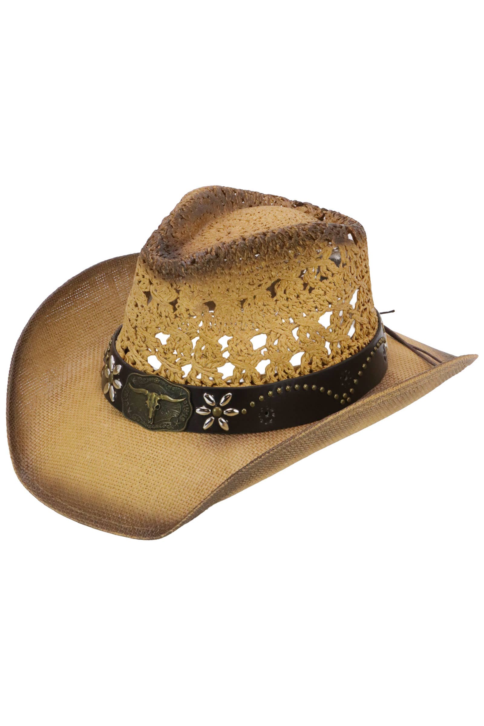 Cap Zone - Vente Chapeau de cowboy – femme - Chapeau de cowboy avec ceinture cloutée et emblème de longicorne floral2