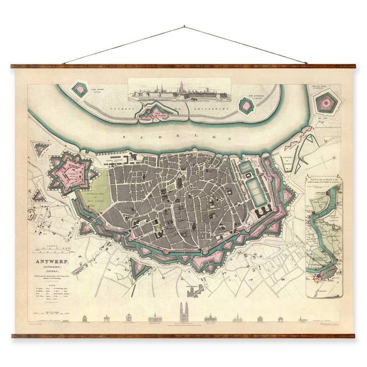 Kort over Antwerpen Vintage europæisk bykort på klar til at hænge nedrullet lærred dekorativt antikt kortrulle af Belgien for engroshandel hos Maps Vintage