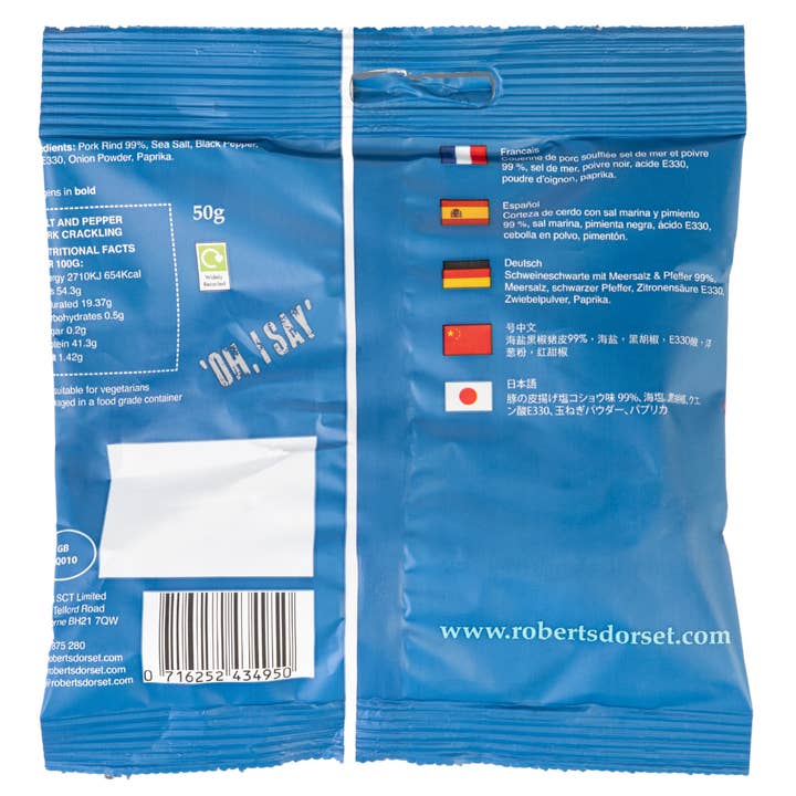 Robert’s Dorset - Wholesale Puffed snack - Proper Pork Crackling – 50g Bags1