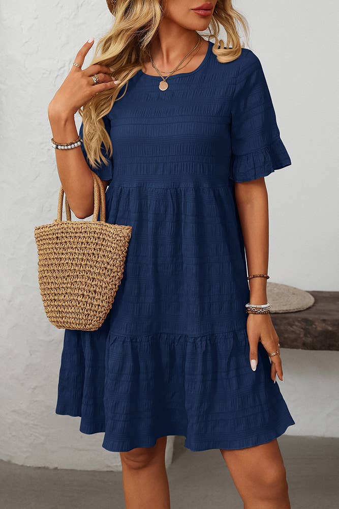 UNISHE – Vestido - Mulher por atacado – Vestido Fluido de Cor Sólida com Manga Curta Solta MD16113