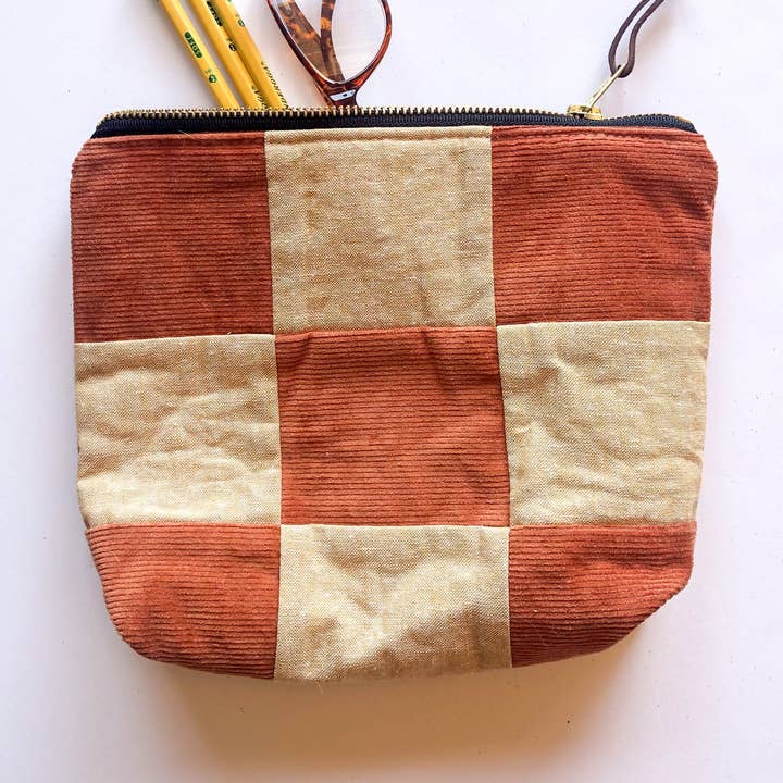 Zipper Pouch - Rust Corduroy Checkered for wholesale by Blue Corduroy
