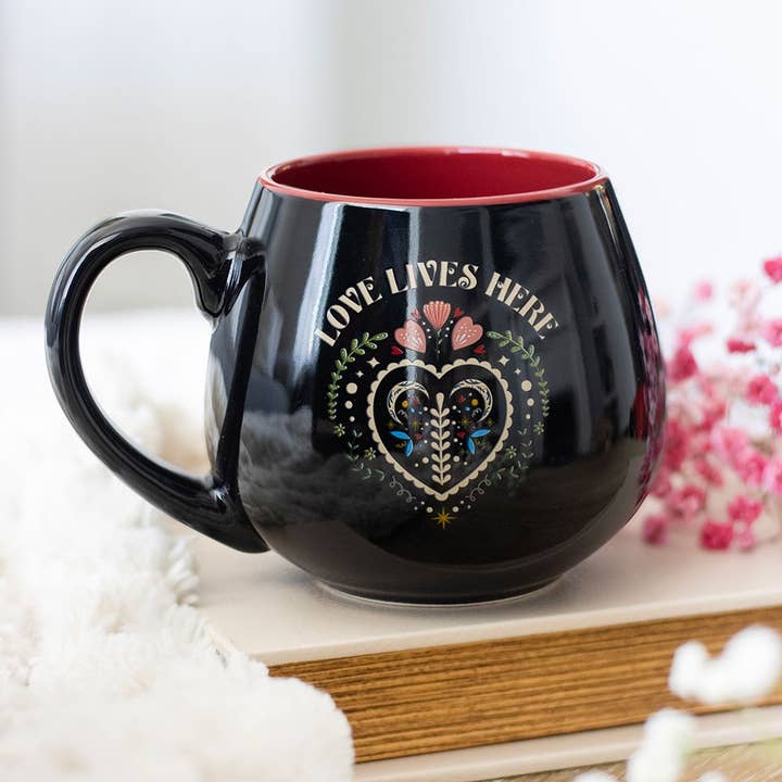 Love Lives Here Folk Heart Rounded Mug for wholesale by WONDER IMPORTS AUSTRALIA