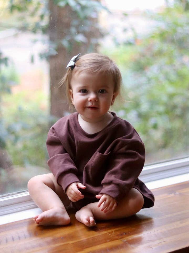 Long Sleeve Baby T-Shirt Romper in Chocolate for wholesale by Winnie + Crew