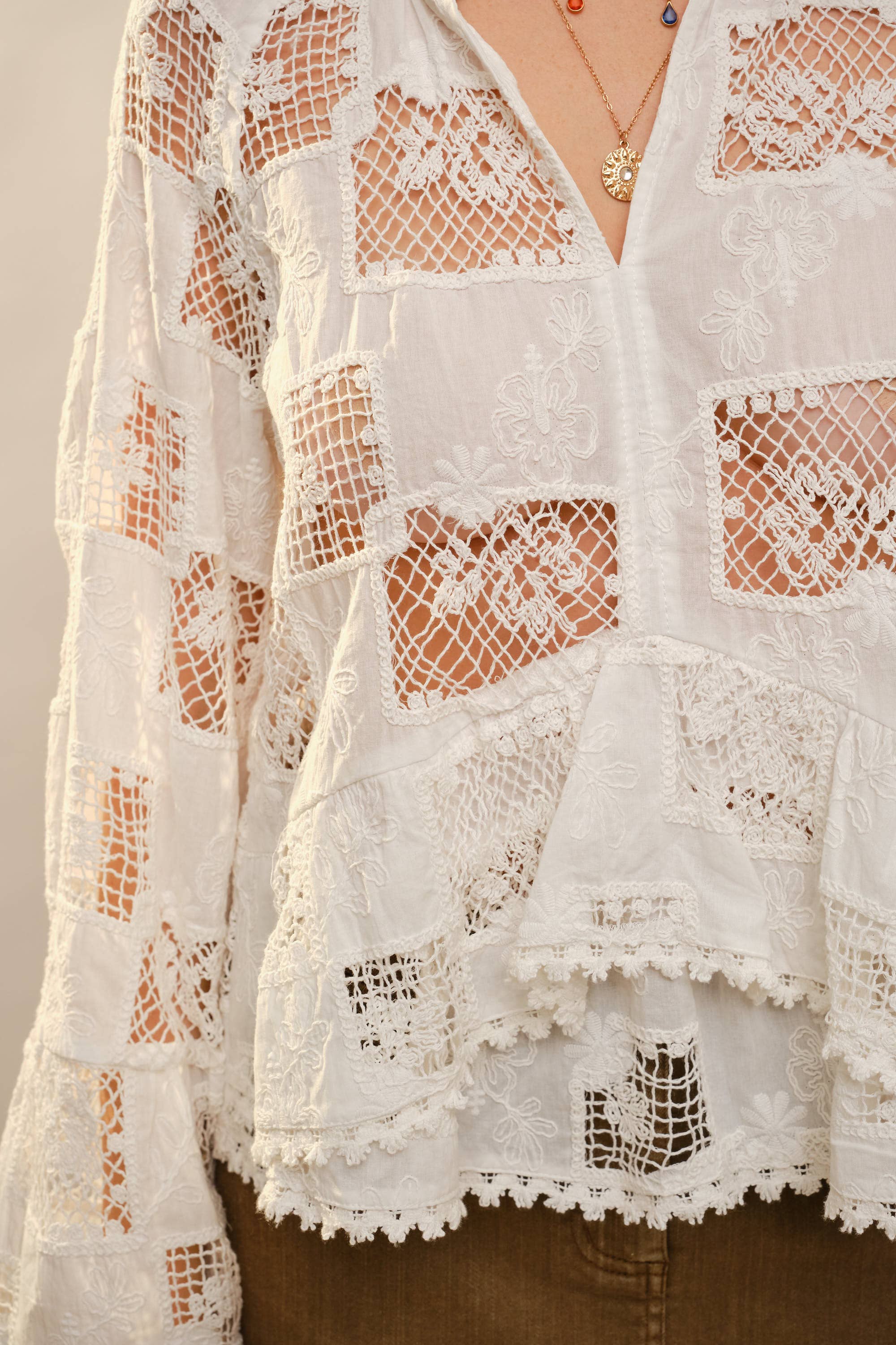 OFF WHITE 37129T Ruffle Sleeve Crochet Peplum Top for wholesale on Faire3