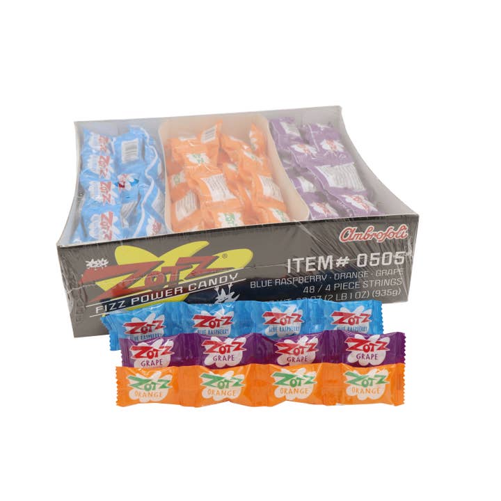 Grandpa Joe's Candy Shop - Wholesale Hard Candy - Zotz Fizzing Candy Strings, Blue/Orange/Grape 48ct