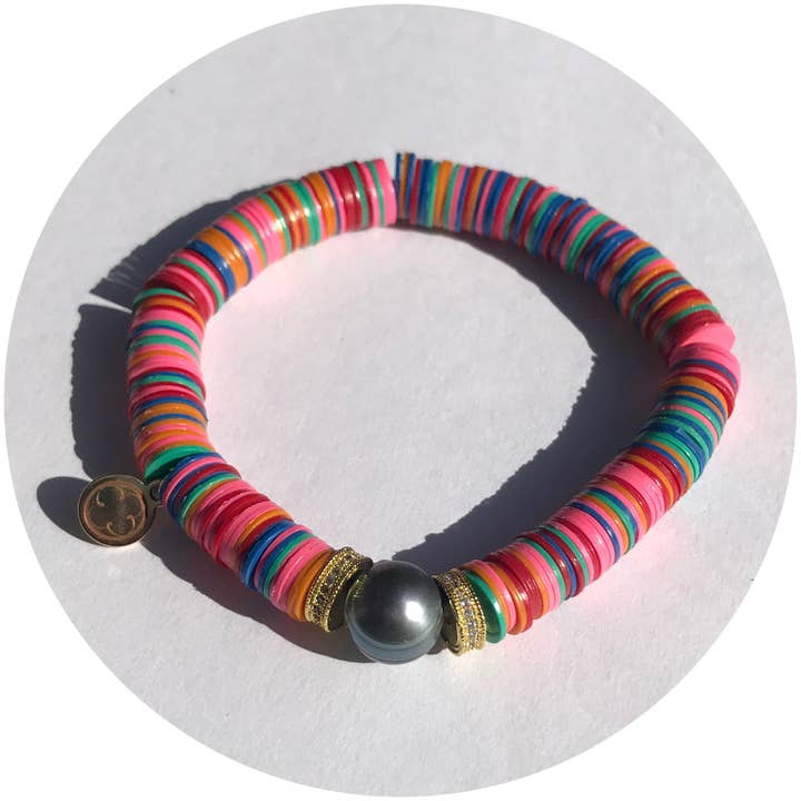 Discos de vinilo multicolor con perlas de pavo real para venta al por mayor de Oriana Lamarca Designs