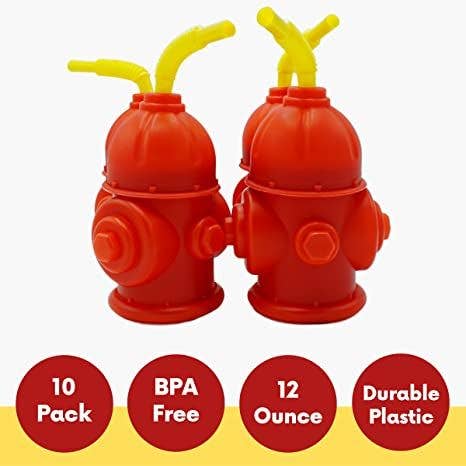 4E's Novelty - Wholesale Drinking Glass/Cup - Kids & Baby - Fire Hydrant Straw Cups With Lids (10 Pack) - 12oz