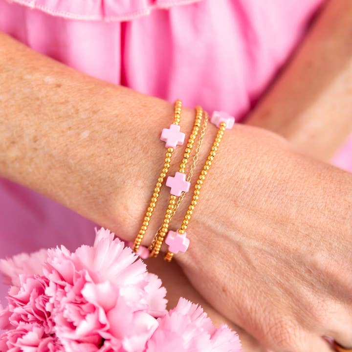 Golden Thread - Wholesale Beaded Bracelet - Gold Beaded Pink Cross Bracelet1