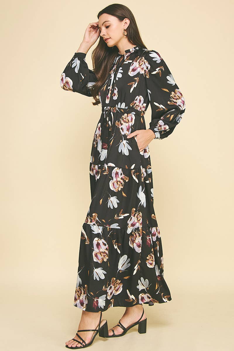 BLACK MULTI FLORAL LONG SLEEVE TIERED MAXI DRESS - 6170D for wholesale on Faire3