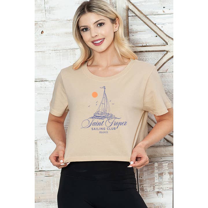 MINEB – wholesale Screen printed t-shirt – Women′s – SAINT TROPEZ SAILING CLUB CROP TEE3