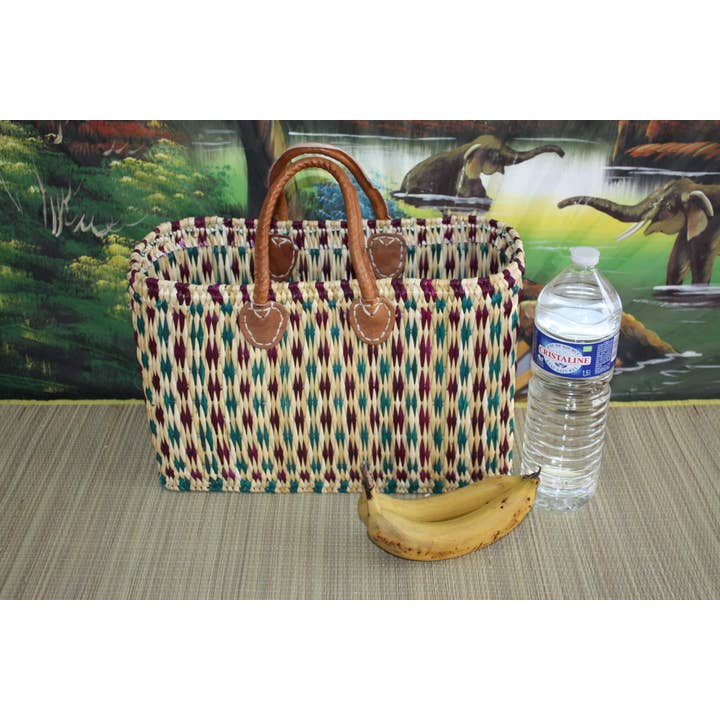 Boutique Huléti - Wholesale Grocery/Shopping Bag - Handmade woven rush shopping basket - Tote markets wicker rattan bag - Moroccan Berber - Green & Purple - 3 Sizes