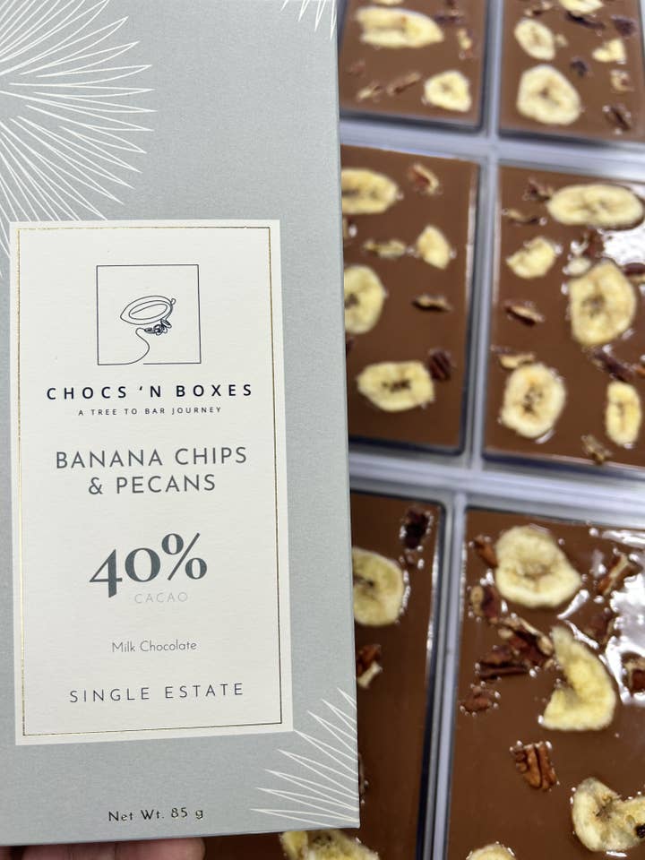 40% Milk Chocolate Bar with Banana Chips and Pecans for wholesale by Chocs ‘N Boxes