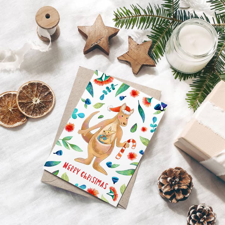 Carte de Noël en forme de kangourou australien pour la vente par Stray Leaves