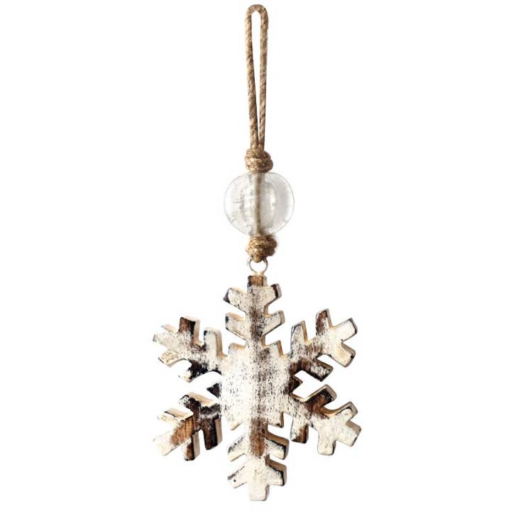 Mango Wood Ornament - Snowflake - Vintage White for wholesale by Jafsons International
