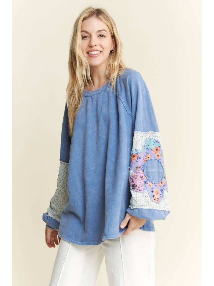 J.Her - Wholesale Sweatshirt - Women's - MineralWash Floral Patched sleeve Terry Sweatshirt HT6063.