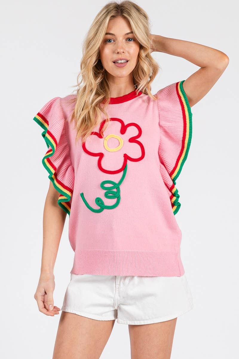 PINK FLORAL RUFFLE KNIT SWEATER TOP  for wholesale on Faire5