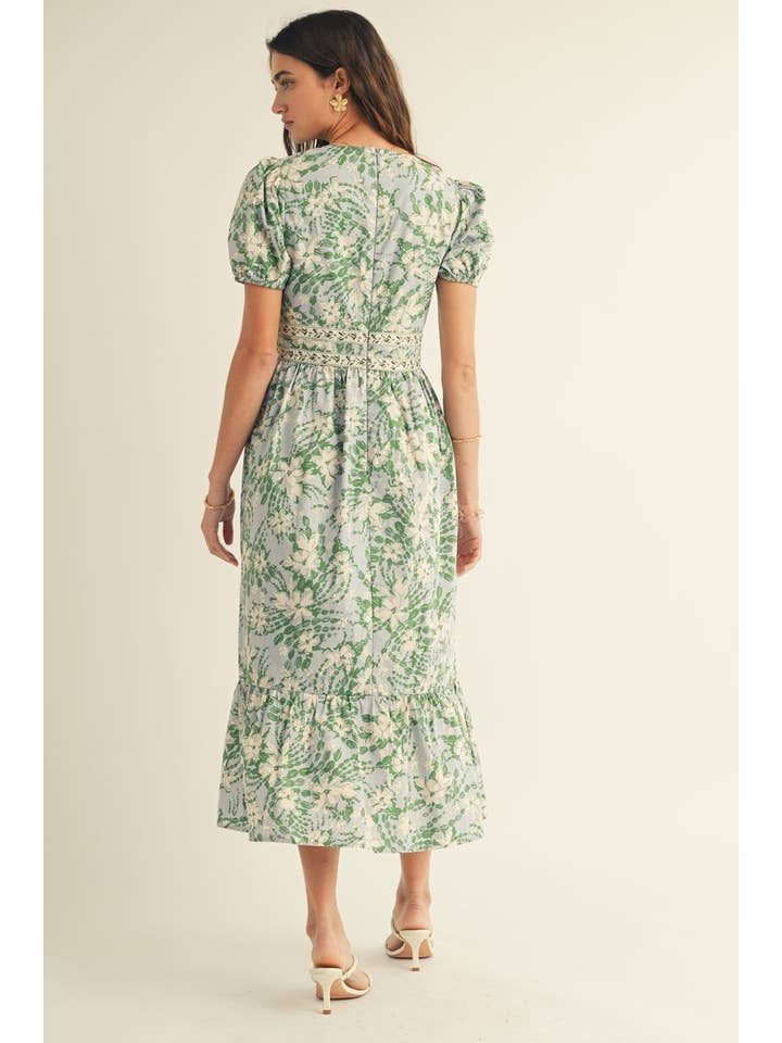 Blu Multi ABITO MIDI CON STAMPA FLOREALE, SCOLLO A V E BALZA SUL FONDO in vendita all'ingrosso su Faire6