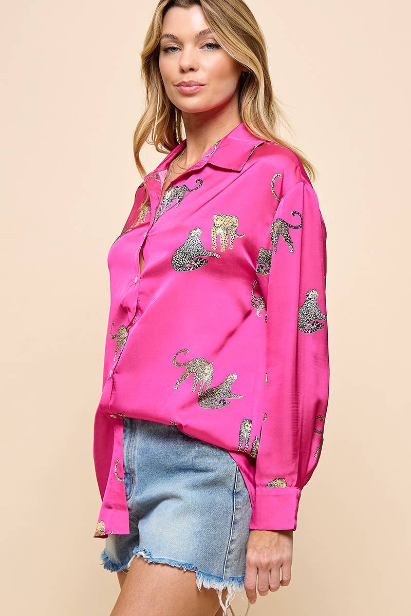 Rose Rouge Chemise boutonnée à imprimé guépard en vente sur Faire6
