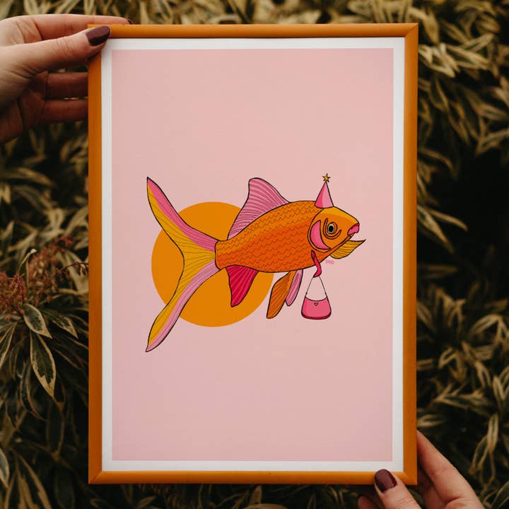 Party Goldfish Art Print, Animal Wall Art for wholesale by Freya Niamh