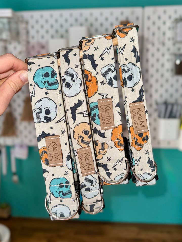 Blue Halloween Skulls Dog Collar, Spooky, Ghosts, Skeletons for wholesale by K and M Collars