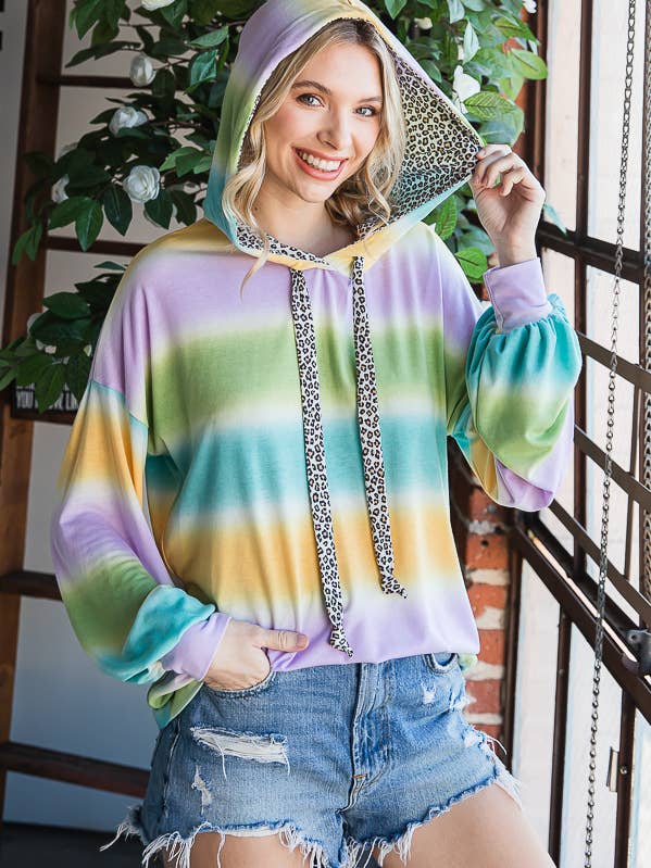 Sudadera con capucha de teñido anudado con mangas abullonadas y estampado de leopardo T4552 para venta al por mayor de 7th Ray