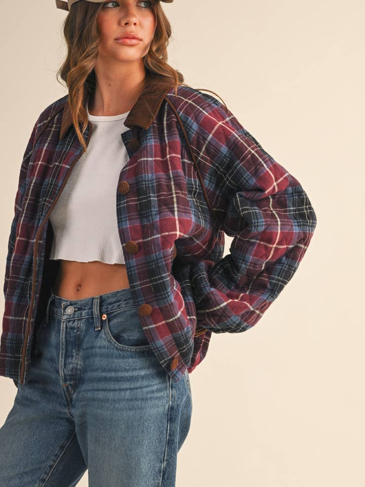 &MERCI - Wholesale Jacket - Women's - PLAID QUILTED JACKET WITH CONTRAST CORDUROY DETAIL MJK411529