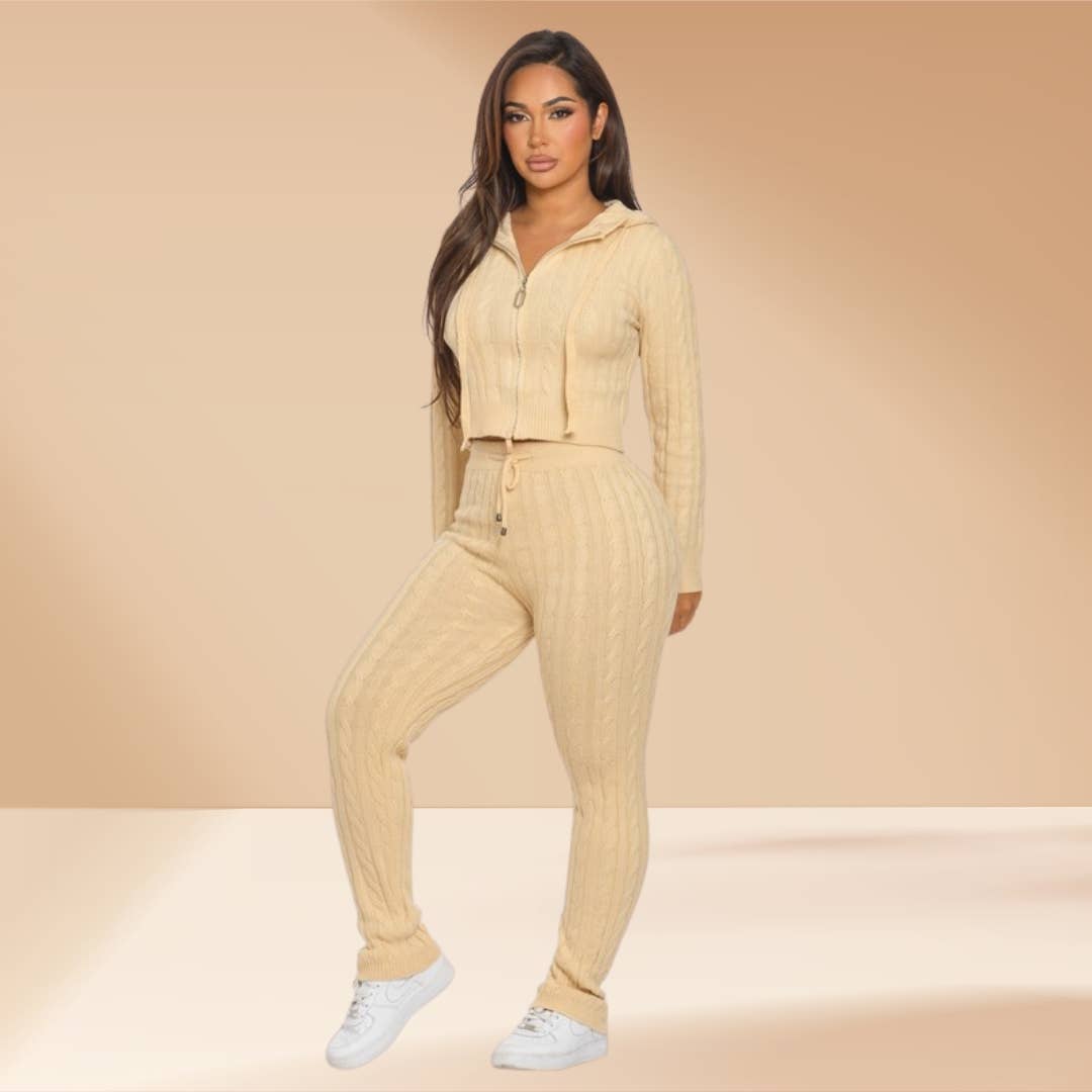 Celystrends - Wholesale Lounge Set - Women's - Cable Knit Pants Set Hooded Sweater4