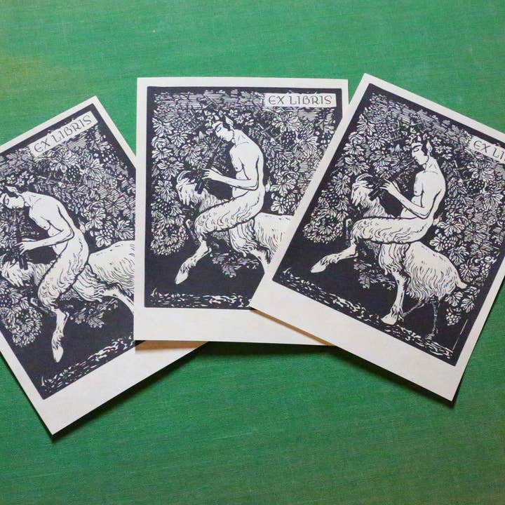 Exlibris Ex-Libris de papel engomado con sátiro y cabra para venta al por mayor de Ebon et Noir LLC