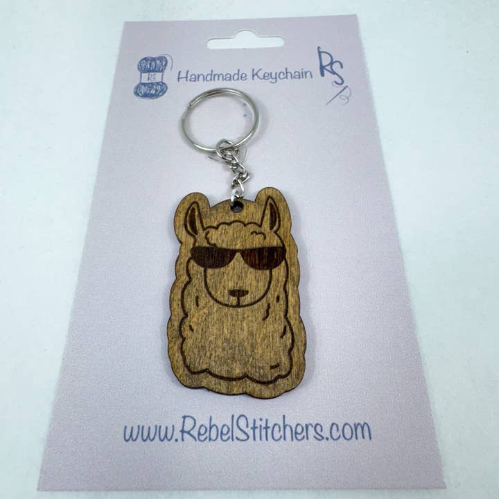Art by Erica H & Rebel Stitchers - Wholesale Keychain - Unisex - Handmade Wooden Alpaca Keychain – Engraved with Sunglasses2