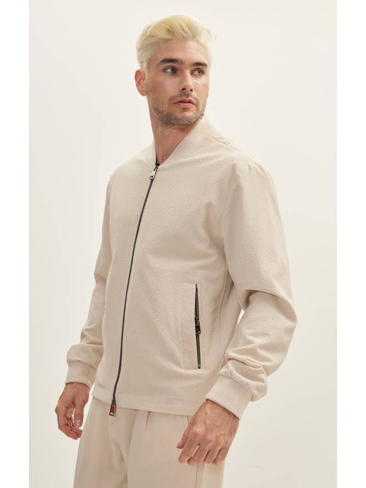 Men's Waffle Stretch Beach Day Bomber Jacket - Stone for wholesale on Faire